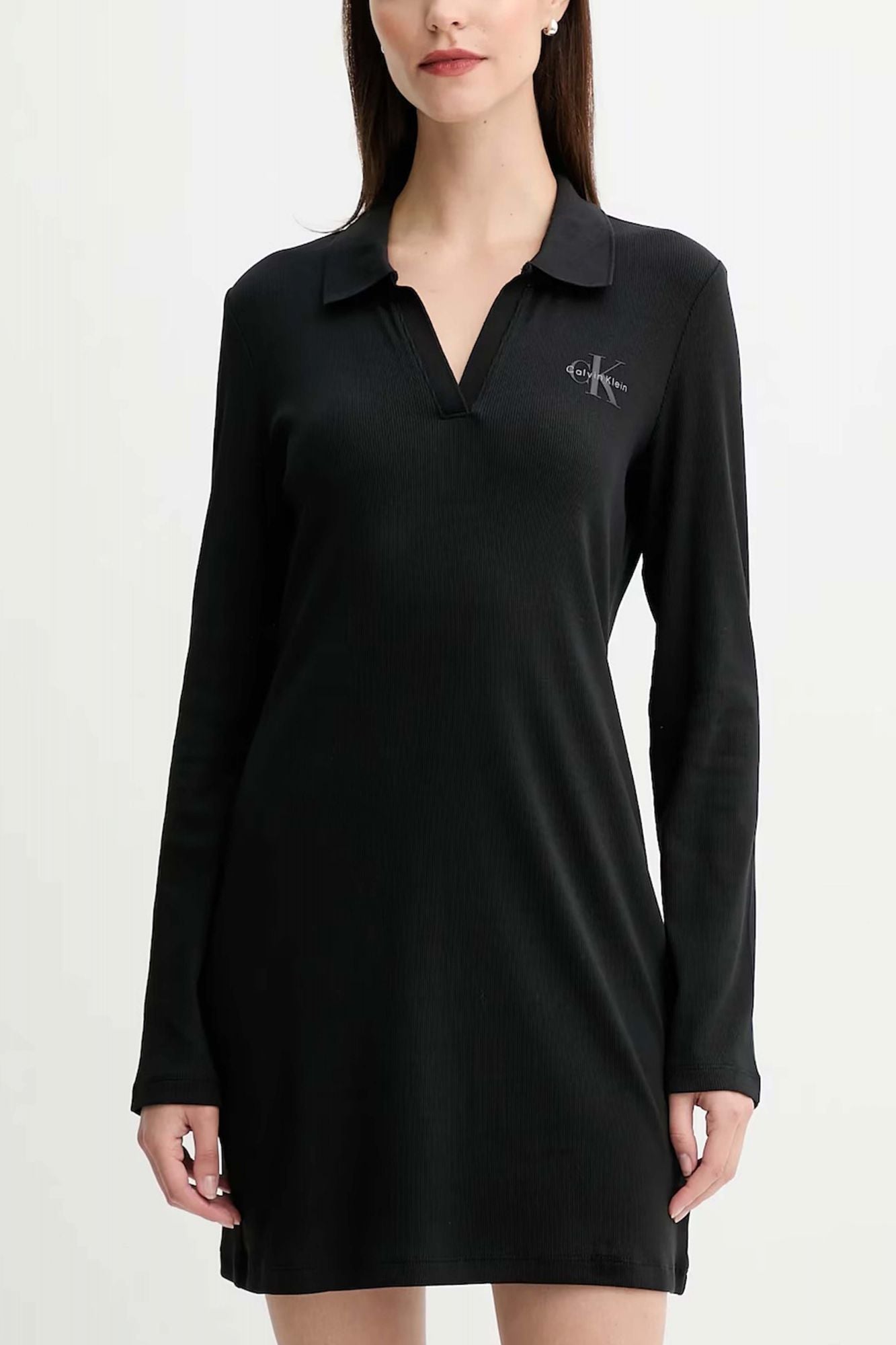 CALVIN KLEIN SLIM RIBBED COTTON POLO DRESS en color NEGRO (1)