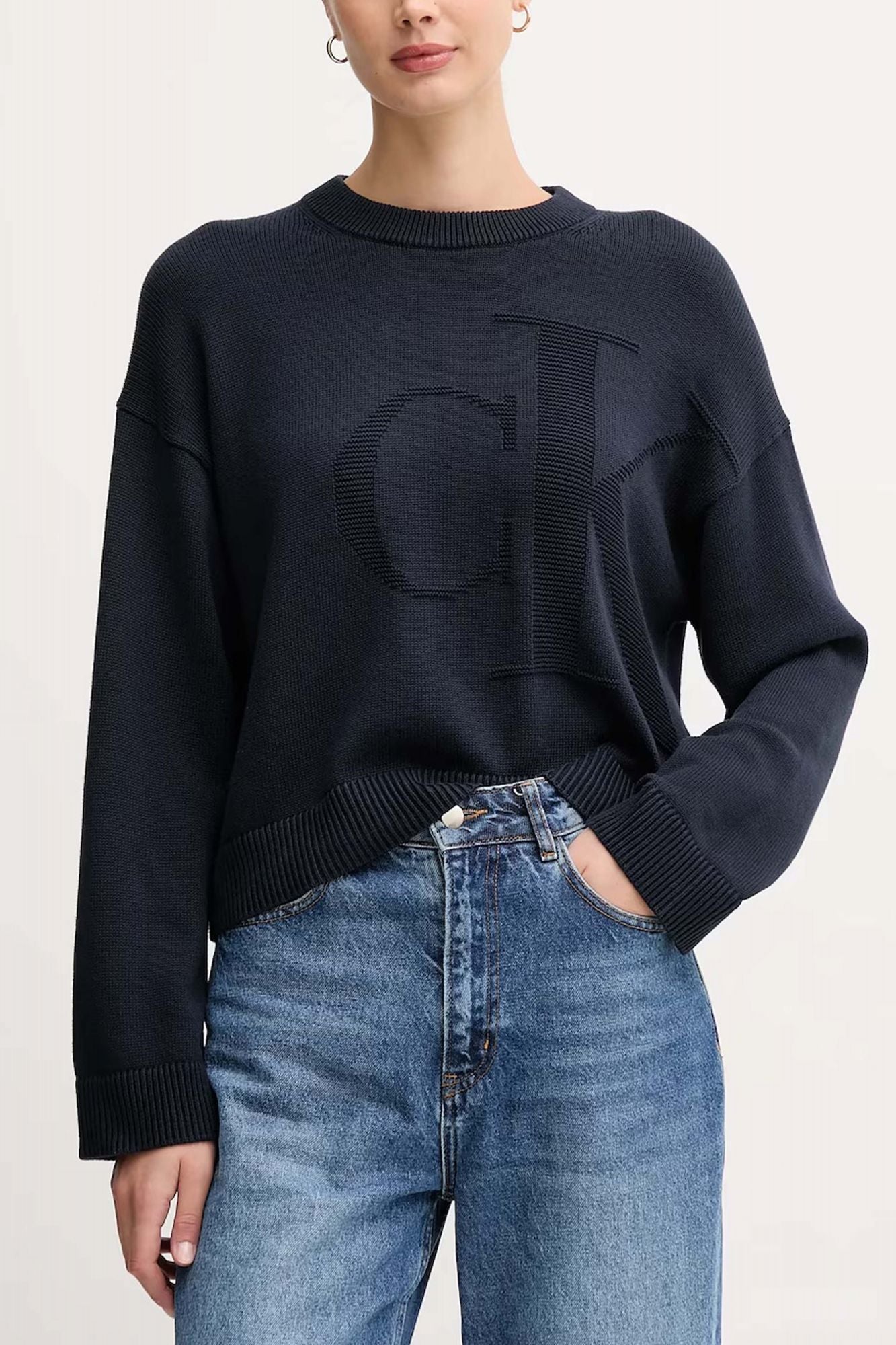 CALVIN KLEIN SMOOTH COTTON MONOGRAM SWEATER en color AZUL (1)