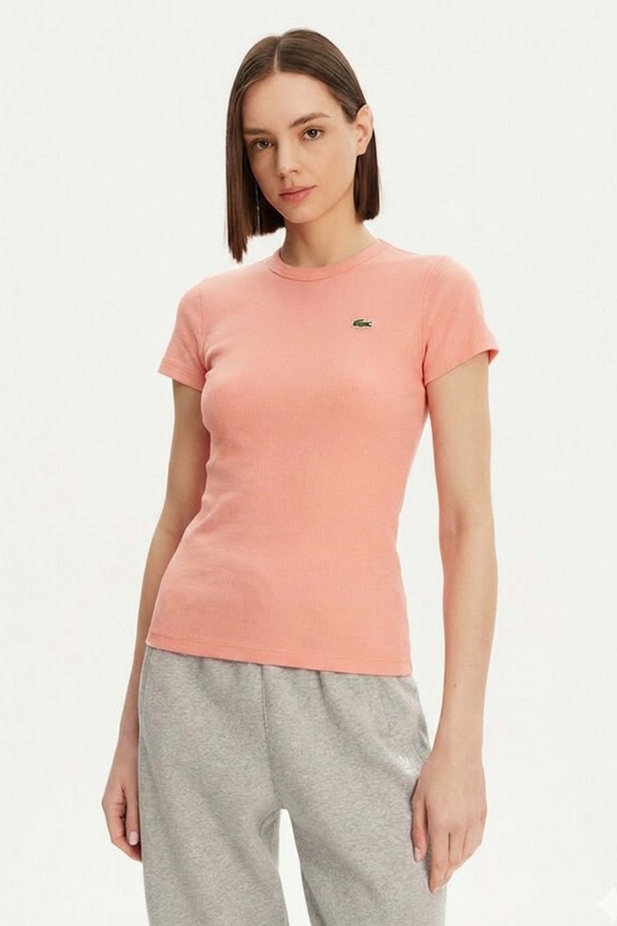 LACOSTE SLIM FIT RIBBED COTTON T-SHIRT en color ROSA (1)