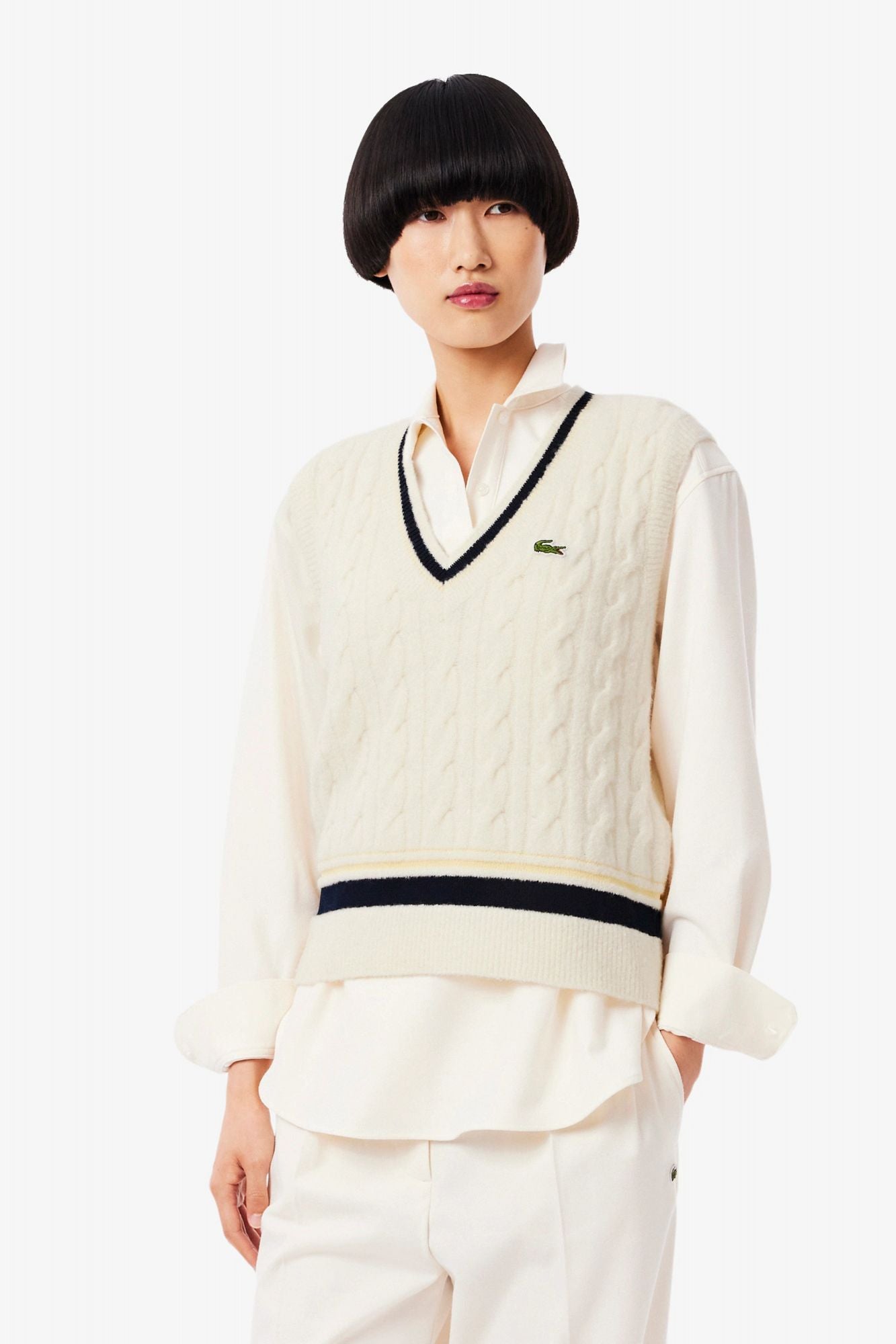 LACOSTE CABLE KNIT WOOL SWEATER VE en color BLANCO (1)
